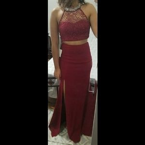 2 piece Crop Top and Skirt Slit Formal Prom Dress